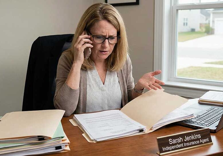 Woman reading through documents in a folder on her desk